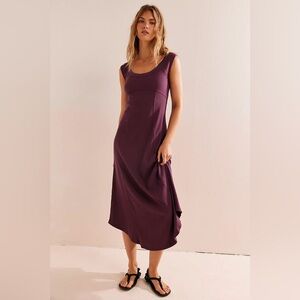 Free People Ash Midi Dress – Vin Mauve Ribbed Cotton Tank Dress, Size Small